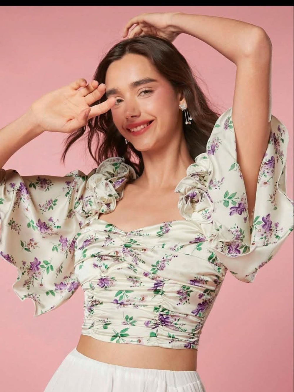 Floral Ruched Satin Crop Top - Cream with Purple Floral